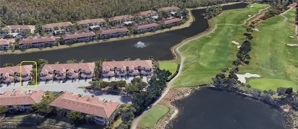 Aerial view that shows proximity to cul de sac, extra visitor parking and the spectacular golf course.