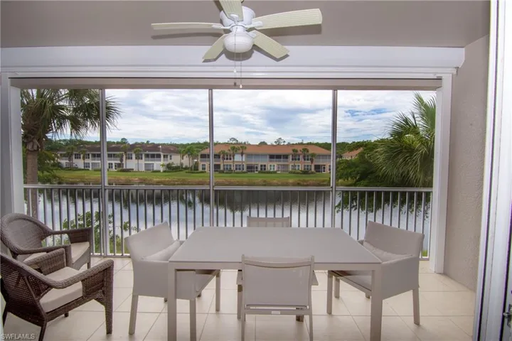 Screened lanai with ceiling fan and a lovely water view.