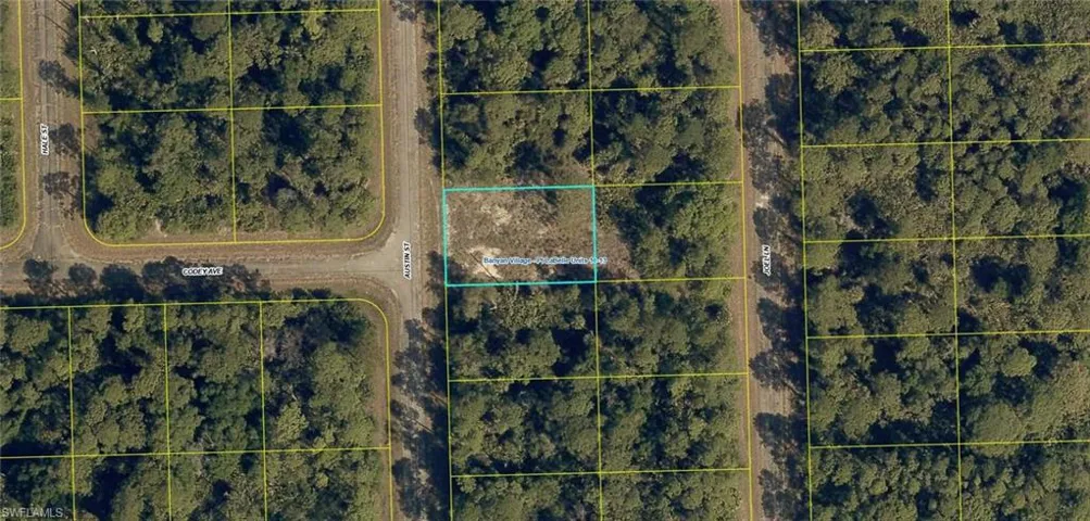 Aerial map of property and surrounding area featuring property boundaries highlighted
