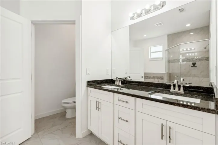 Bathroom with toilet, walk in shower, and vanity