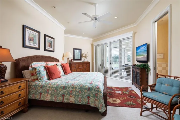 Bedroom with crown molding, carpet, access to outside, ceiling fan, and recessed lighting
