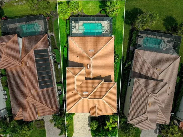 Aerial perspective highlighting the property's terracotta-style tile roof and screened swimming pool