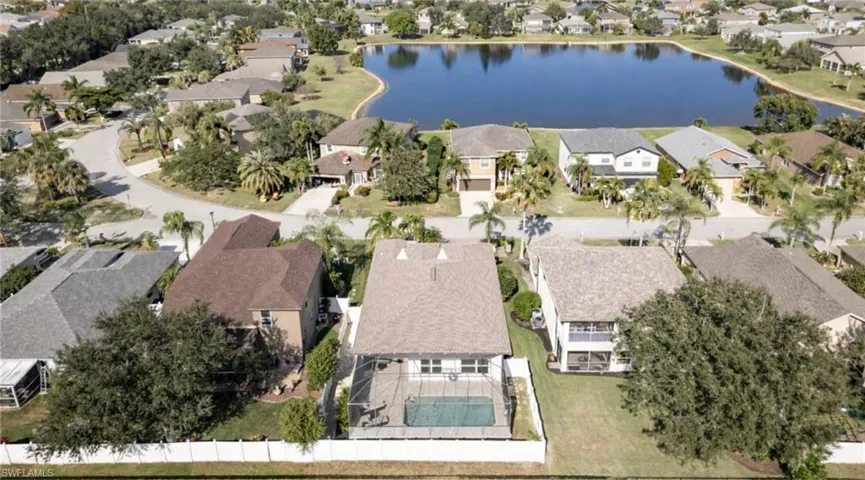 Aerial perspective of suburban area with a nearby body of water