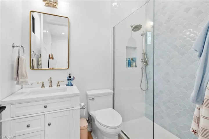 Bathroom with walk in shower, toilet, and vanity