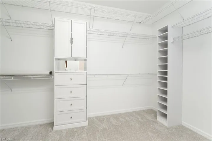 Walk in closet featuring light colored carpet