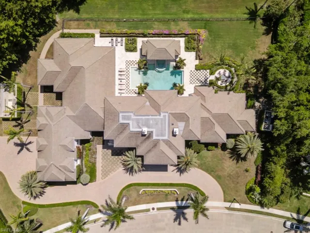 Aerial view of estate with pool