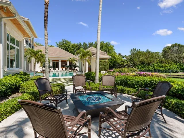Outdoor terrace with  fire pit and view