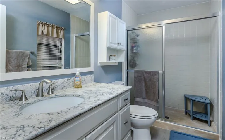 Bathroom featuring walk in shower, vanity, hardwood / wood-style flooring, and toilet