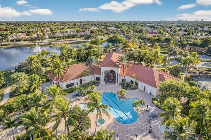 Aerial view of community club house and resort style pool.