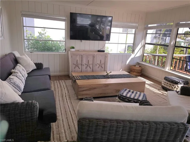 Living room featuring wood-type flooring and wood walls