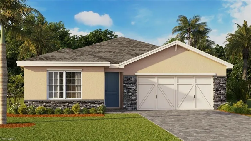 Ranch-style home with a front yard and a garage