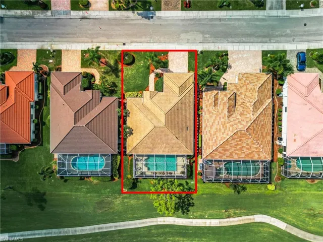 Birds eye view of property with lot lines.
