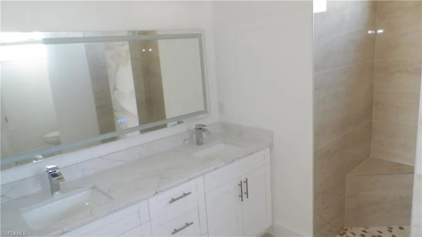 Bathroom with a sink, double vanity, and a tile shower