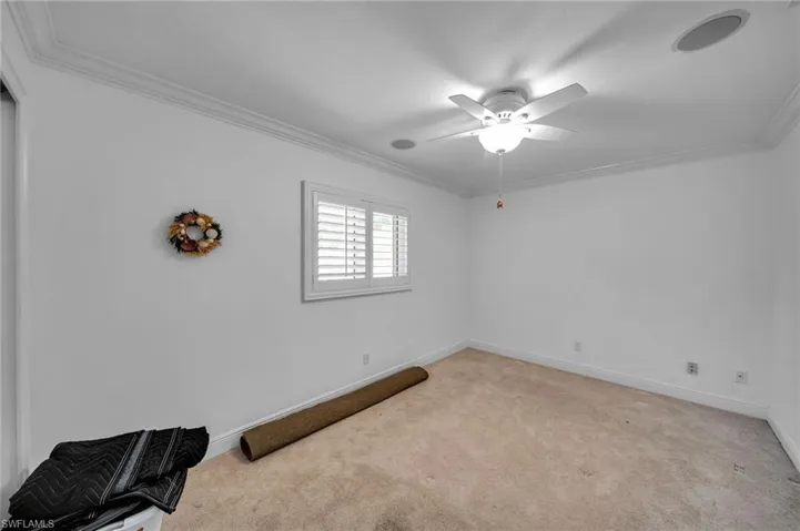 Carpeted empty room with baseboards, ceiling fan, and ornamental molding