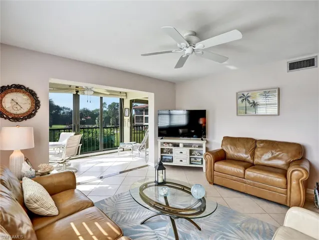 Tiled living area with ceiling fan