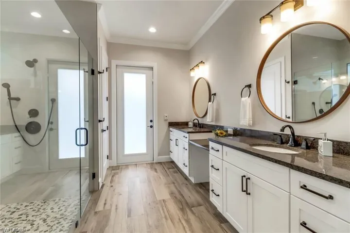 Bathroom with walk in shower, ornamental molding, vanity, and hardwood / wood-style floors
