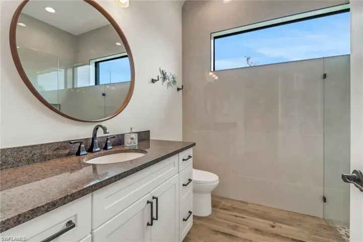 Bathroom featuring wood-type flooring, vanity, plenty of natural light, and toilet