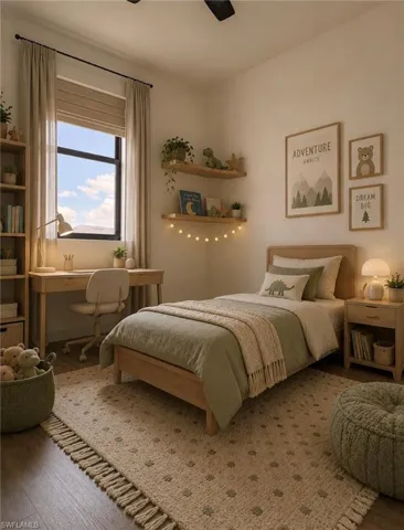 Bedroom featuring wood-finish flooring, a window with blinds, and recessed lighting