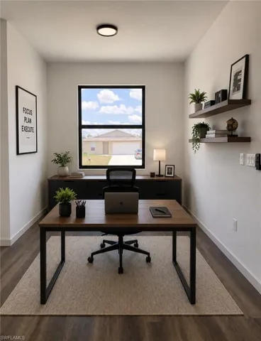 Dedicated room featuring a large window, dark-framed for contrast, with wood-finish flooring