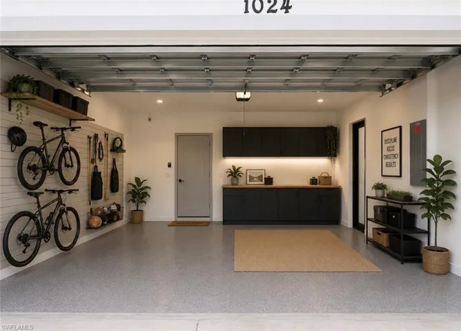 Two-car garage featuring a speckled epoxy floor and side door Virtually Staged