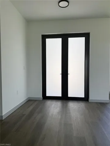 Room featuring dark-framed double doors with frosted glass panels, wood-finish flooring, white walls, and a contemporary ceiling light fixture