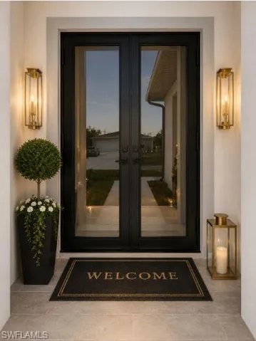 Double-door entry with black frames and full-light glass panels