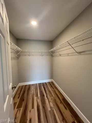 Walk in closet with light wood-style floors