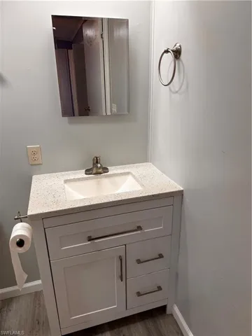 Bathroom featuring vanity, baseboards, and wood finished floors