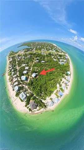 Aerial perspective of a coastal parcel featuring mature vegetation and direct proximity to island shorelines