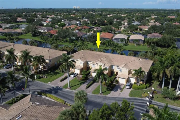 Birds eye view of property with a water view