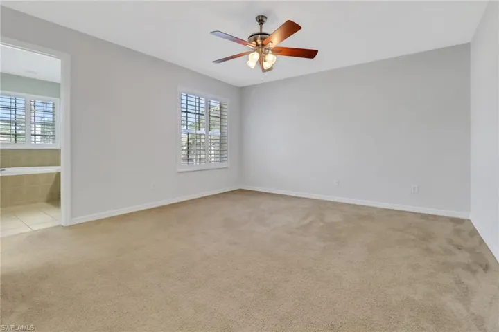 Carpeted empty room with a healthy amount of sunlight, baseboards, and a ceiling fan