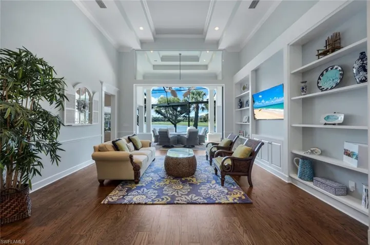 Wood flooring throughout the main living area.