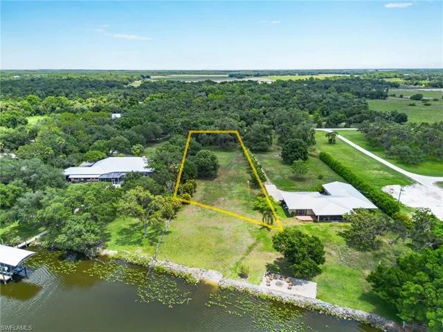 Birds eye view of property with a water view
