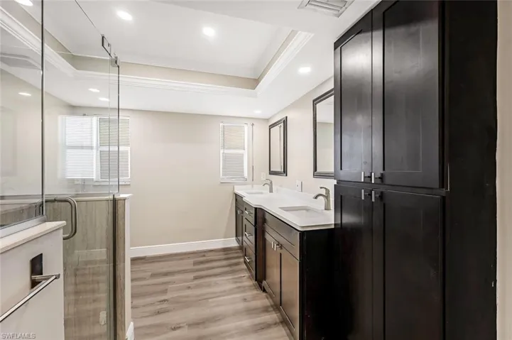 Bathroom featuring crown molding, hardwood / wood-style floors, a tray ceiling, a shower with door, and vanity