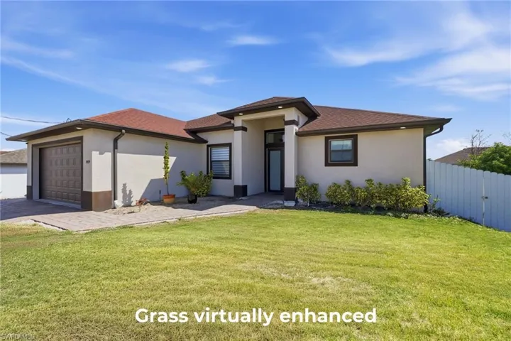 Prairie-style home with an attached garage, stucco siding, a shingled roof, and driveway