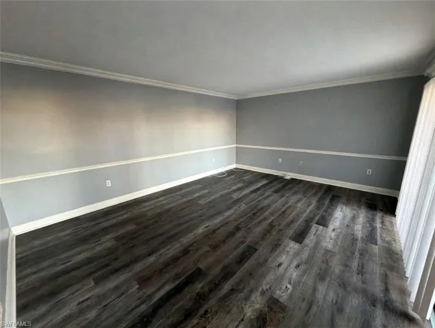 Spare room with ornamental molding and dark wood finished floors