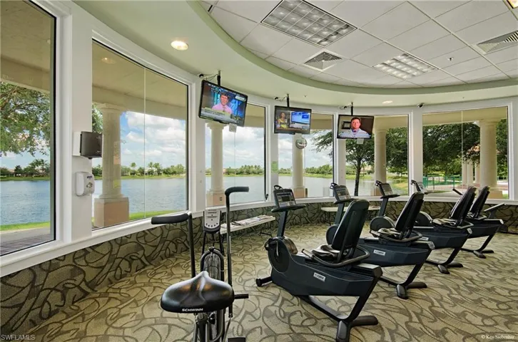 Exercise room with a drop ceiling, a water view, carpet, and visible vents