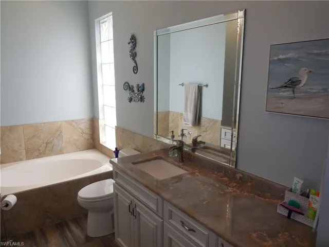Bathroom featuring toilet, wood finished floors, vanity, and a bath