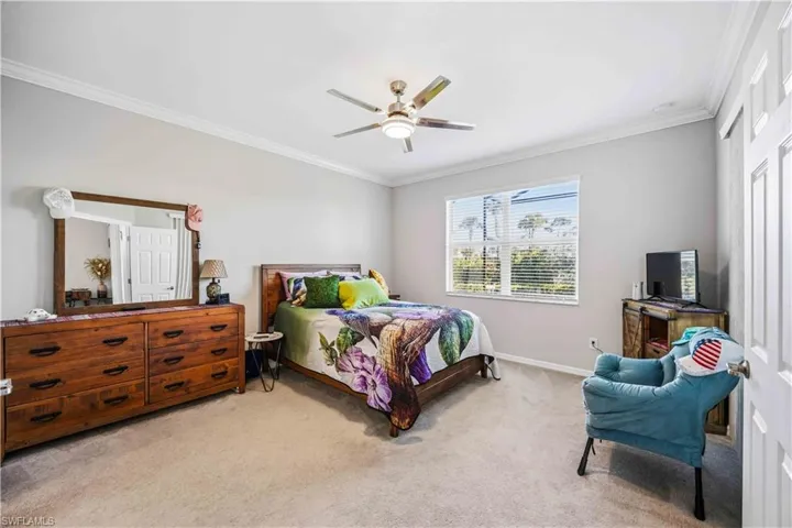 Bedroom featuring ornamental molding, carpet flooring, and a ceiling fan