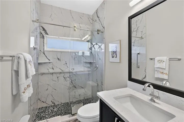 The remodeled guest bathroom is perfect for friends and family