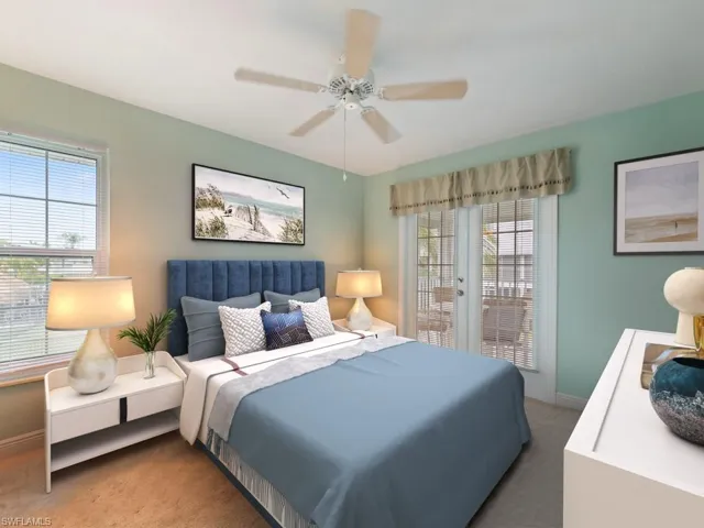 Bedroom with carpet, access to exterior, ceiling fan, and french doors