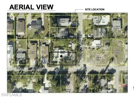 Aerial map of property and surrounding area with property parcel outlined