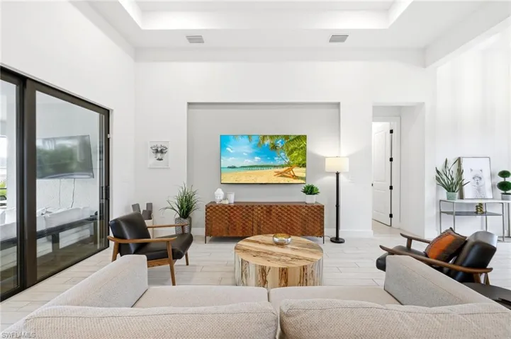 Living room featuring wood tiled floors, a raised ceiling, and a high ceiling