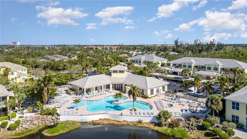 Birds eye view of property with a water view