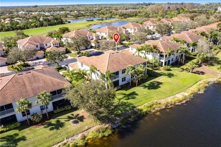 Aerial perspective of suburban area featuring a nearby body of water