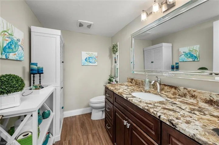 Bathroom with wood-type flooring, vanity, and toilet