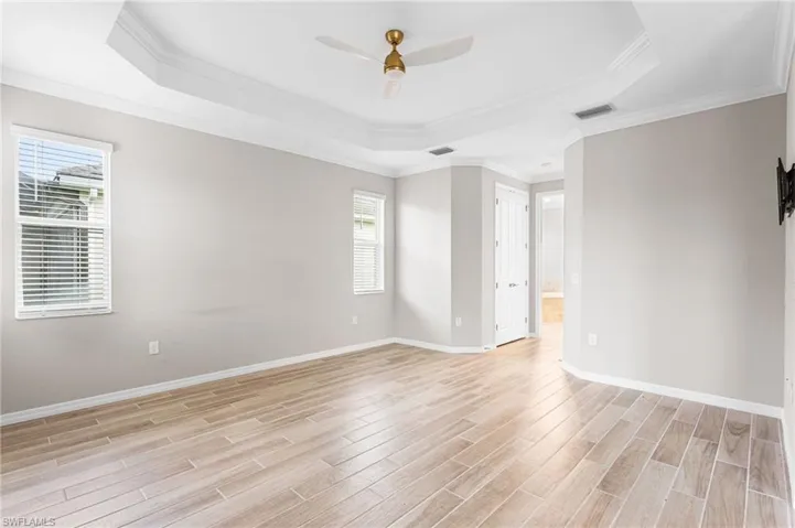 Unfurnished room with a tray ceiling, light wood-type flooring, plenty of natural light, and crown molding