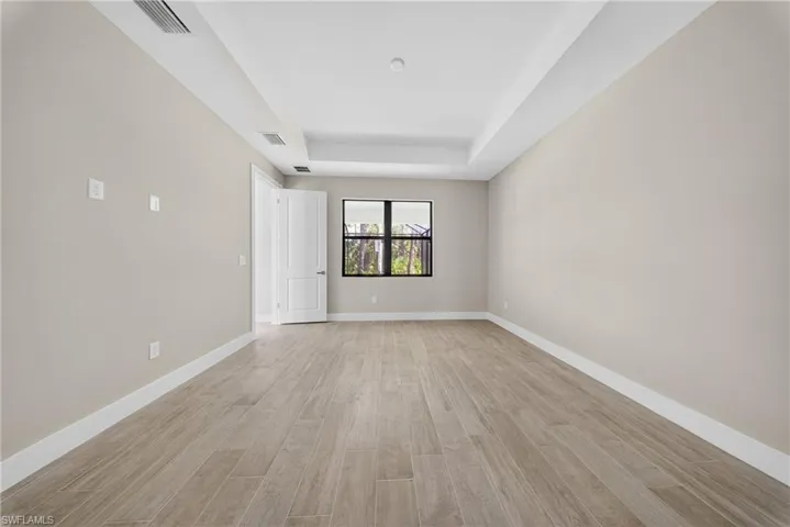 Spacious interior room featuring light-toned walls, wood-finish flooring, a tray ceiling, and a prominent window