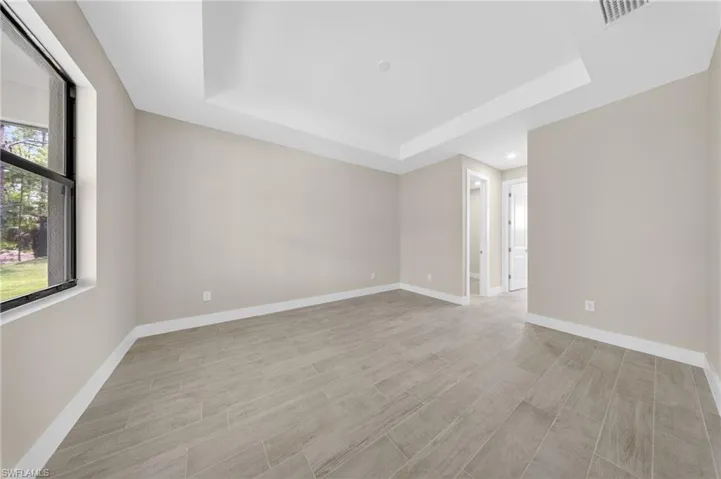 Spacious room featuring tray ceiling, light neutral wall paint, white baseboards, and wood-finish tile flooring