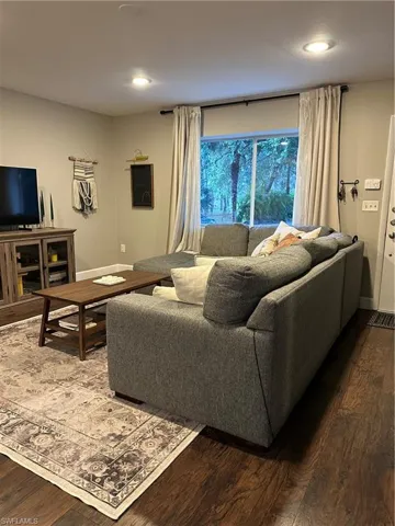 Living area with baseboards, dark wood finished floors, and recessed lighting